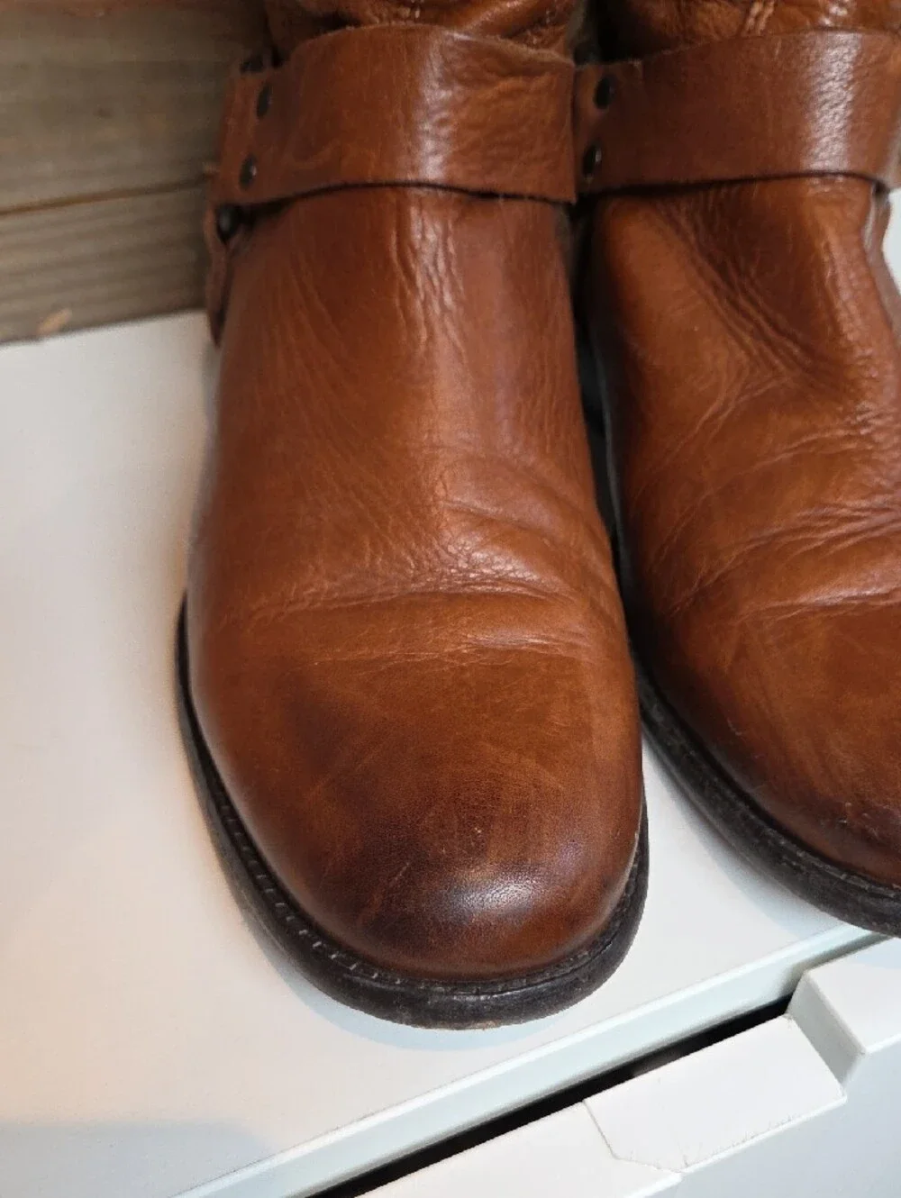 Frye Phillip Harness Tall Cognac Brown Leather Boots